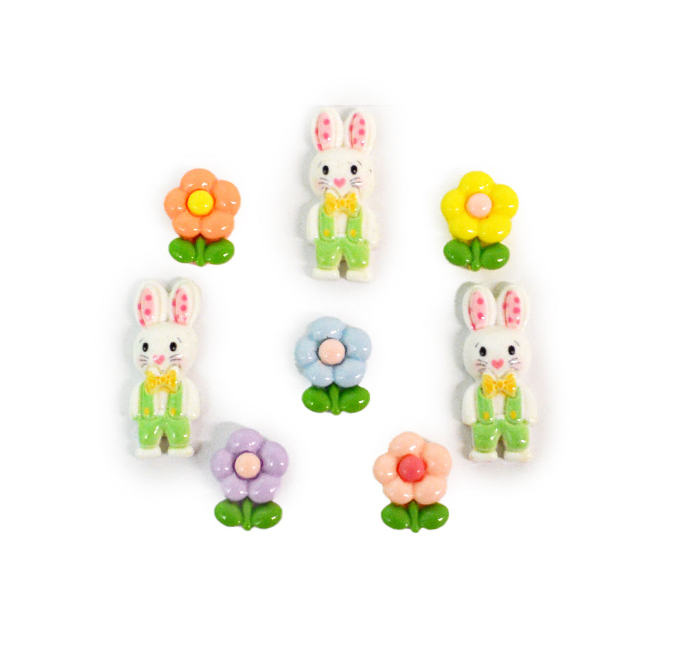 Three Easter bunnies and five resin flowers add to spring and holiday crafting