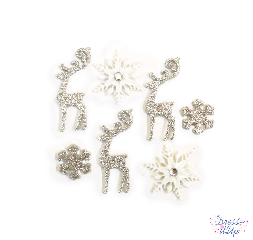 Glittery silver reindeer and snowflakes add an elegant touch to winter and holiday projects
