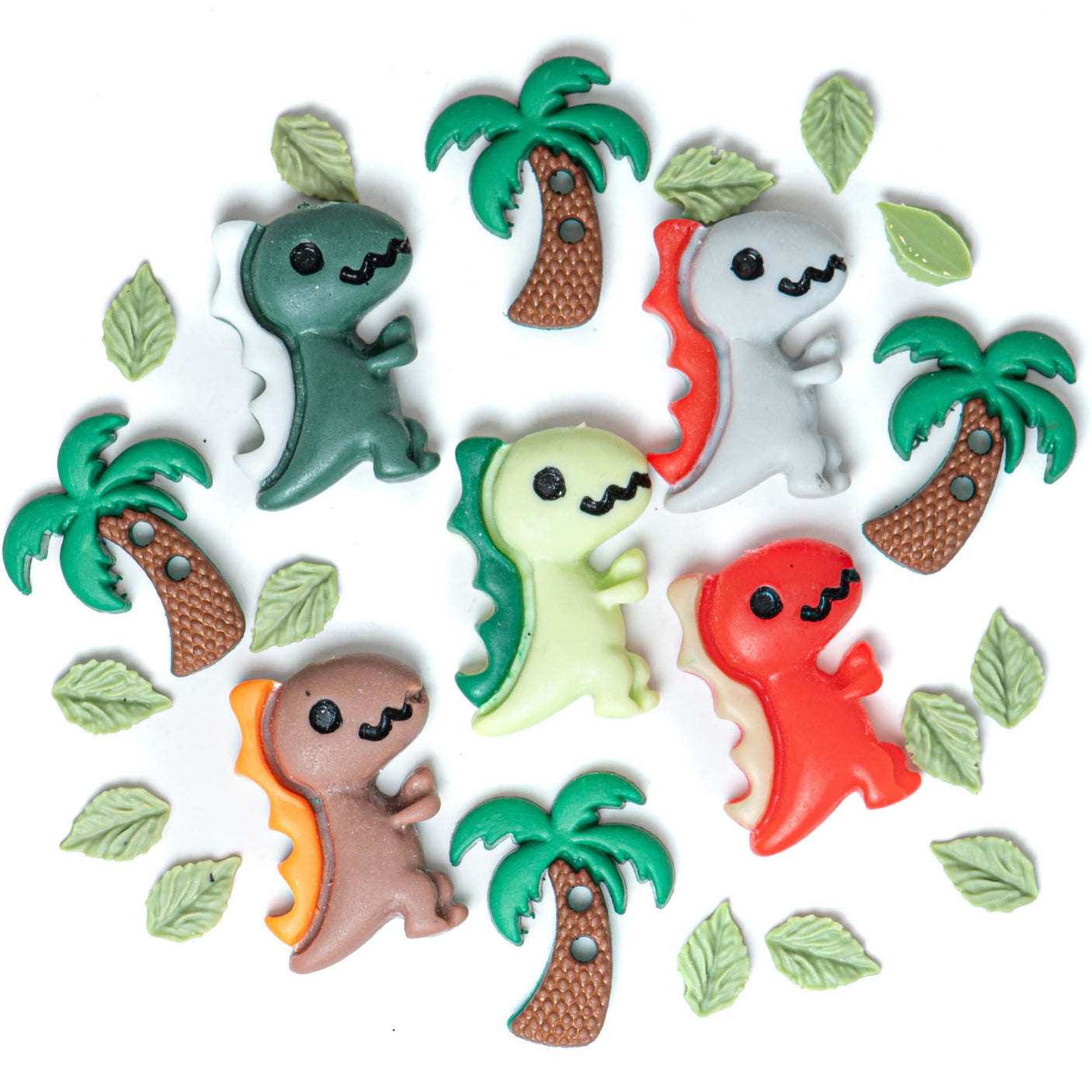 This themed pack includes resin T. rexes in natural earthy tones, along with tiny leaves and miniature palm trees