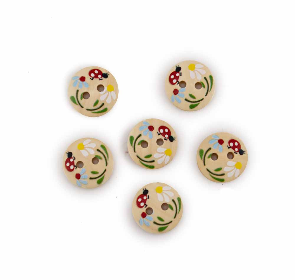 Daisy & Ladybug Printed Wood 2-Hole Round Buttons