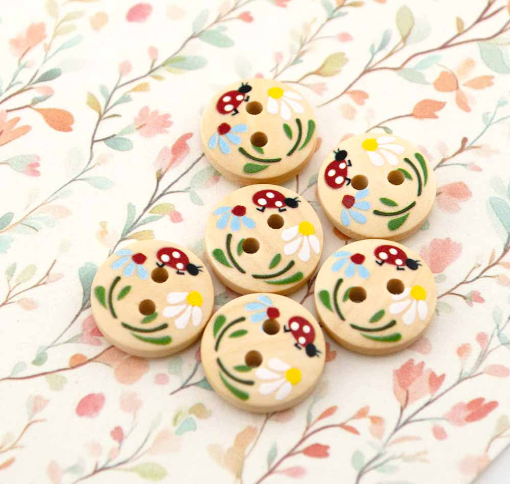Daisy & Ladybug Printed Wood 2-Hole Round Buttons