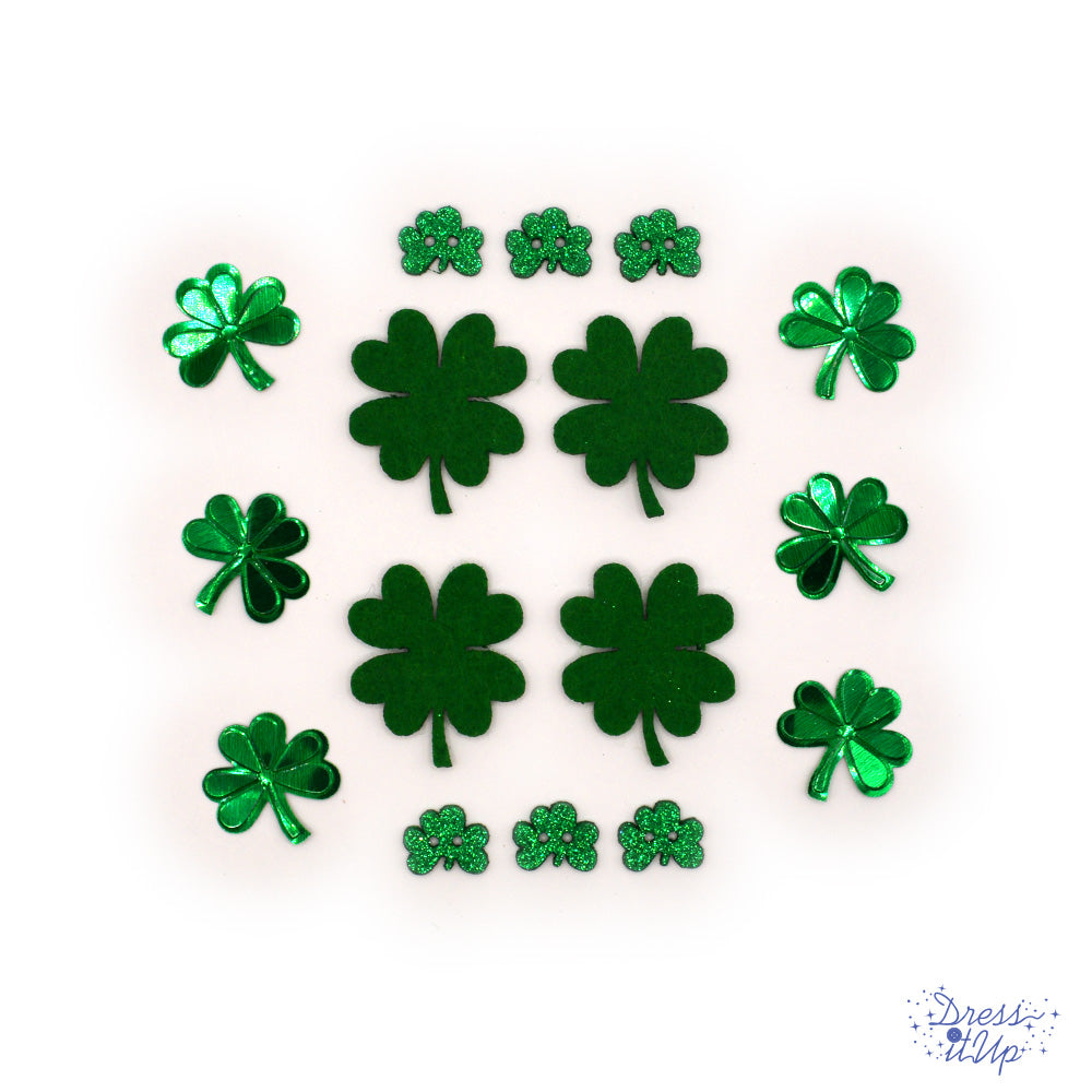 Green shamrocks in felt and shiny plastic add to St. Patrick's Day and Irish crafts