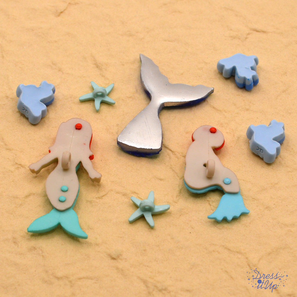 flat back resin and shank back buttons in teal mermaid themed for Summer and girl crafts