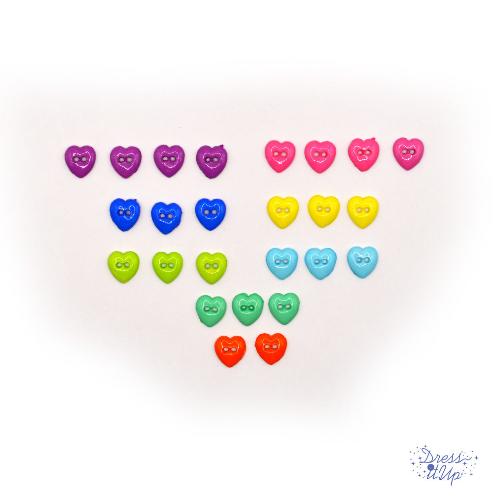 two-hole heart buttons in bright colors