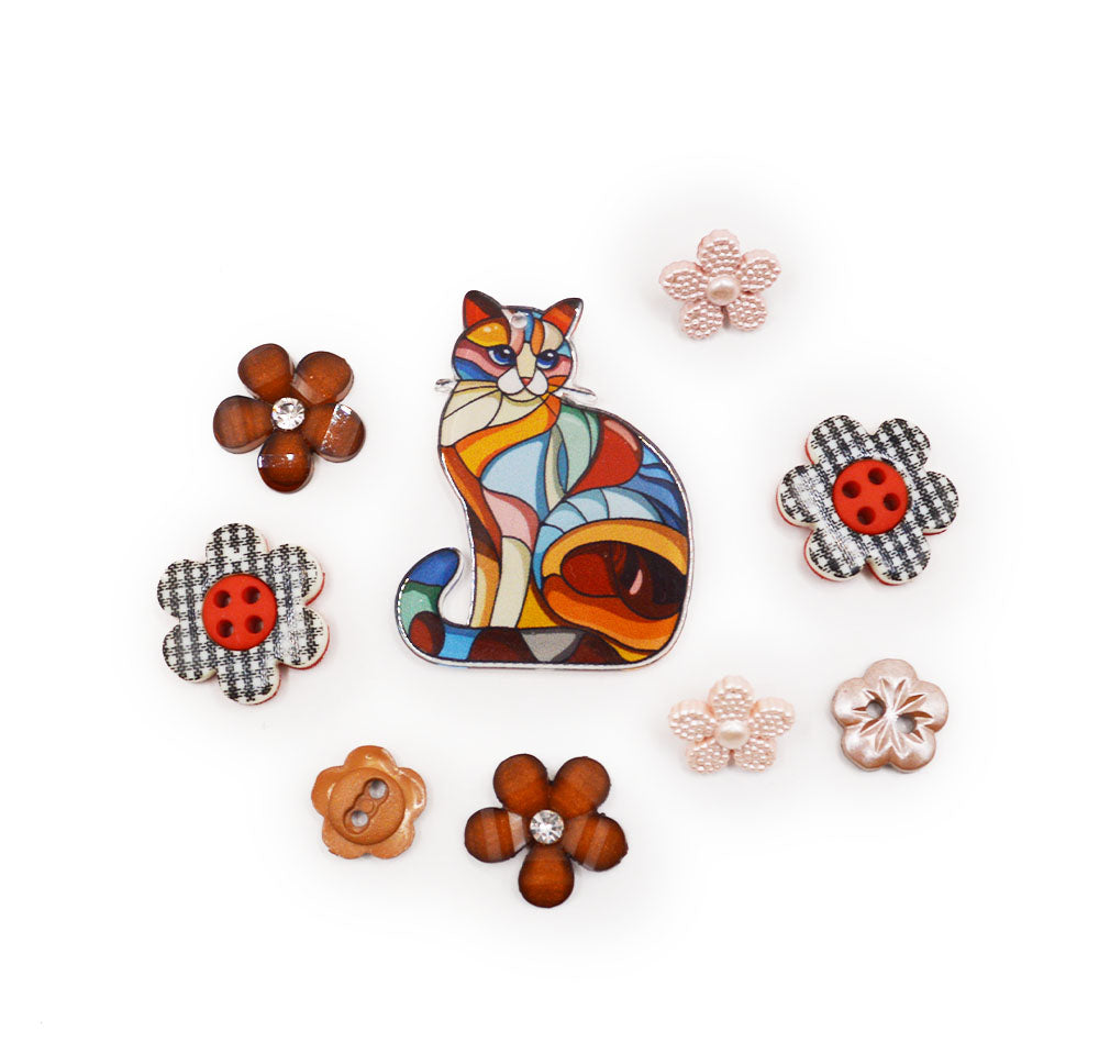 Plaid flowers, pearl flowers, and multicolor cat craft embellishments.