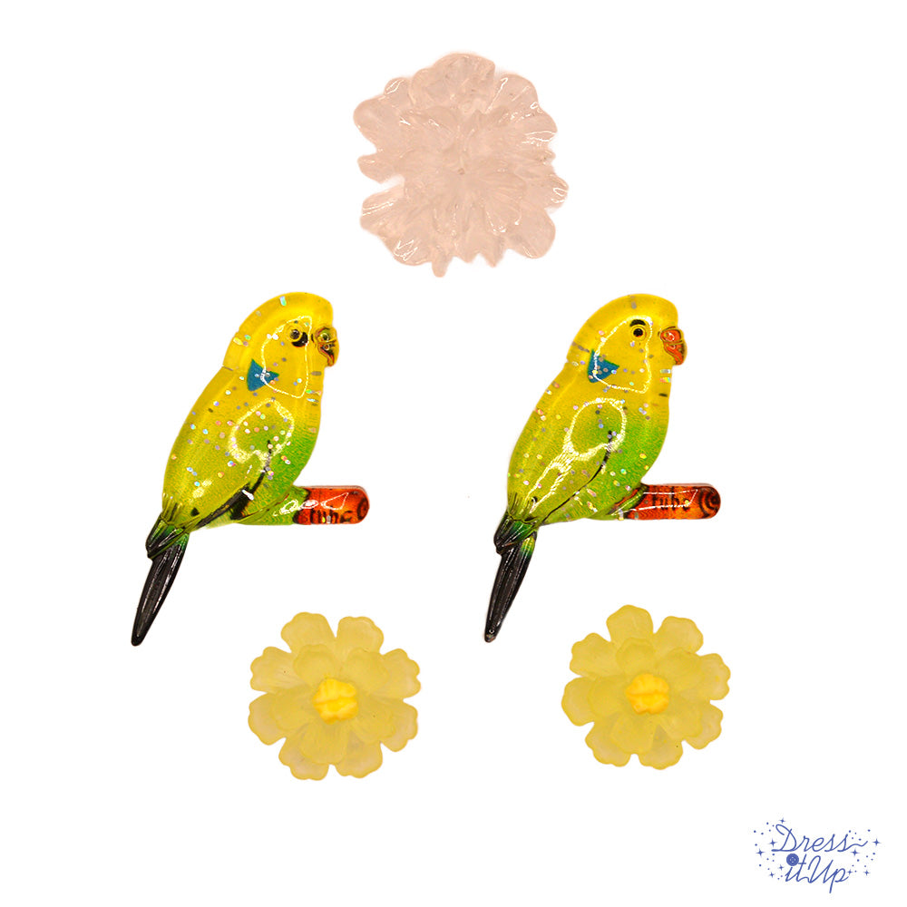 Yellow parakeet and 3d resin flower embellishments for wood and paper crafting