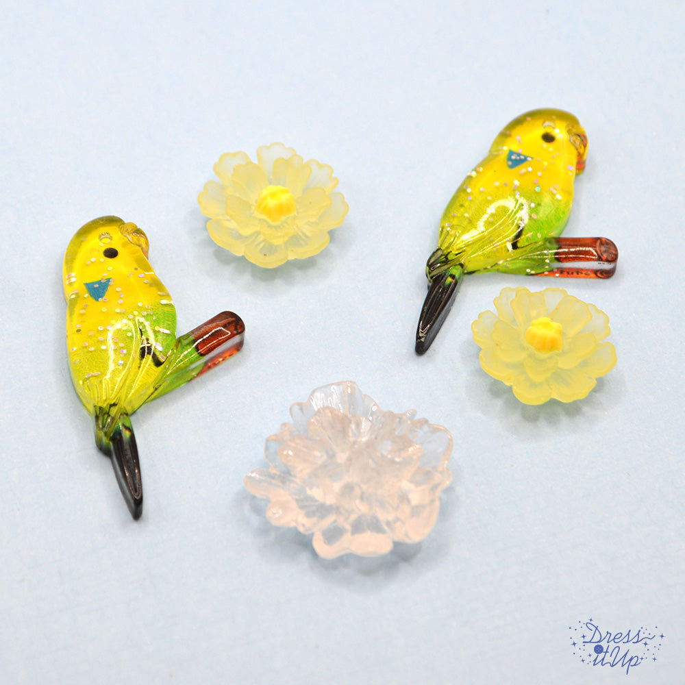 Yellow parakeet and 3d resin flower embellishments for wood and paper crafting