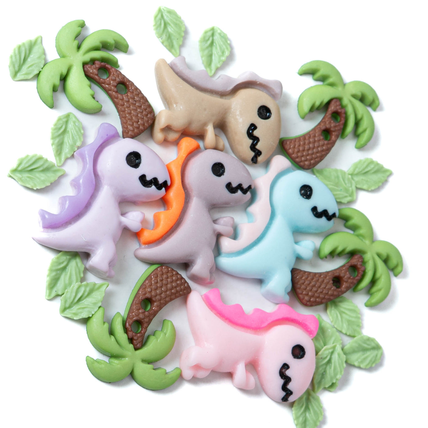 This charming pack features pastel-colored resin T. rexes paired with delicate tiny leaves and palm trees