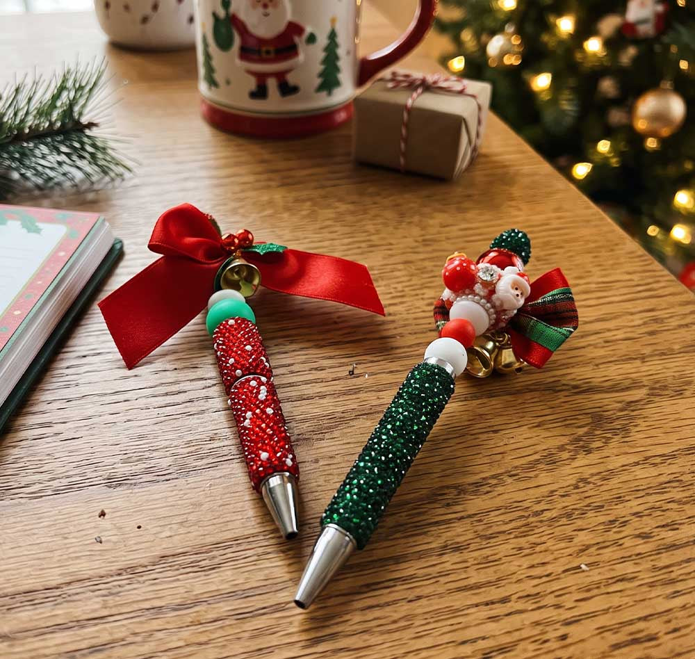 Christmas Sparkle Beaded Pen Duo – Festive Boho Edition