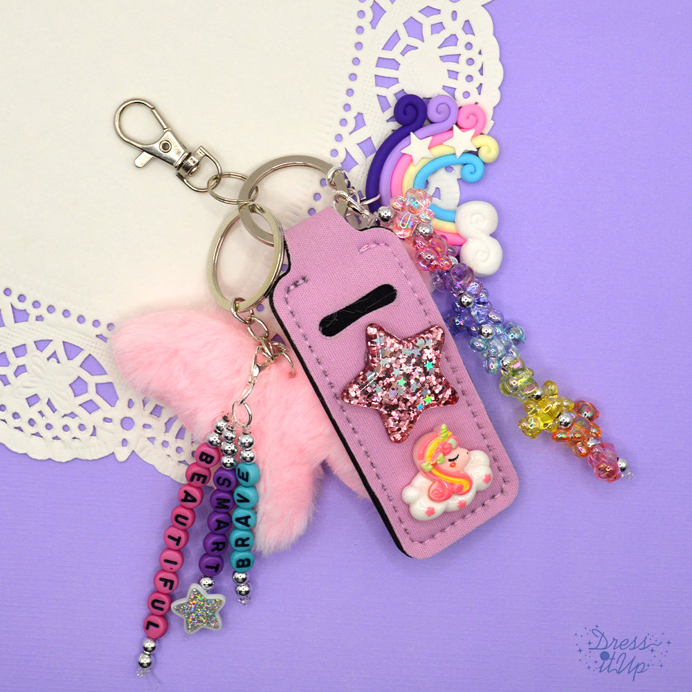 Project featuring pink fluffy butterfly keychain