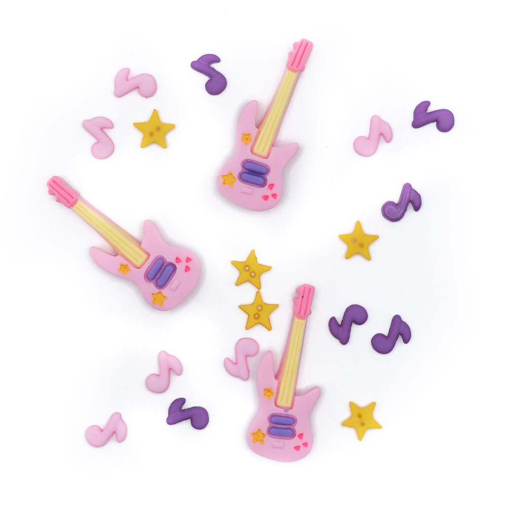 pink guitars, yellow stars, and purple music note themed craft buttons