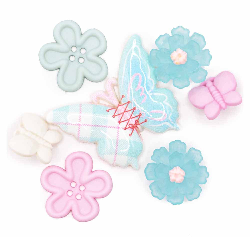 Pink, white, and blue butterfly and flower craft embellishments make perfect decorations for wood, paper, and fabric crafts