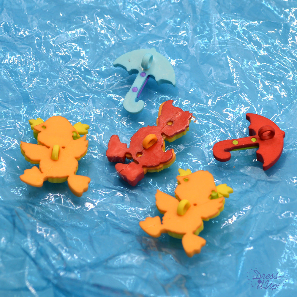 Ducks and umbrellas showing shank-back buttons