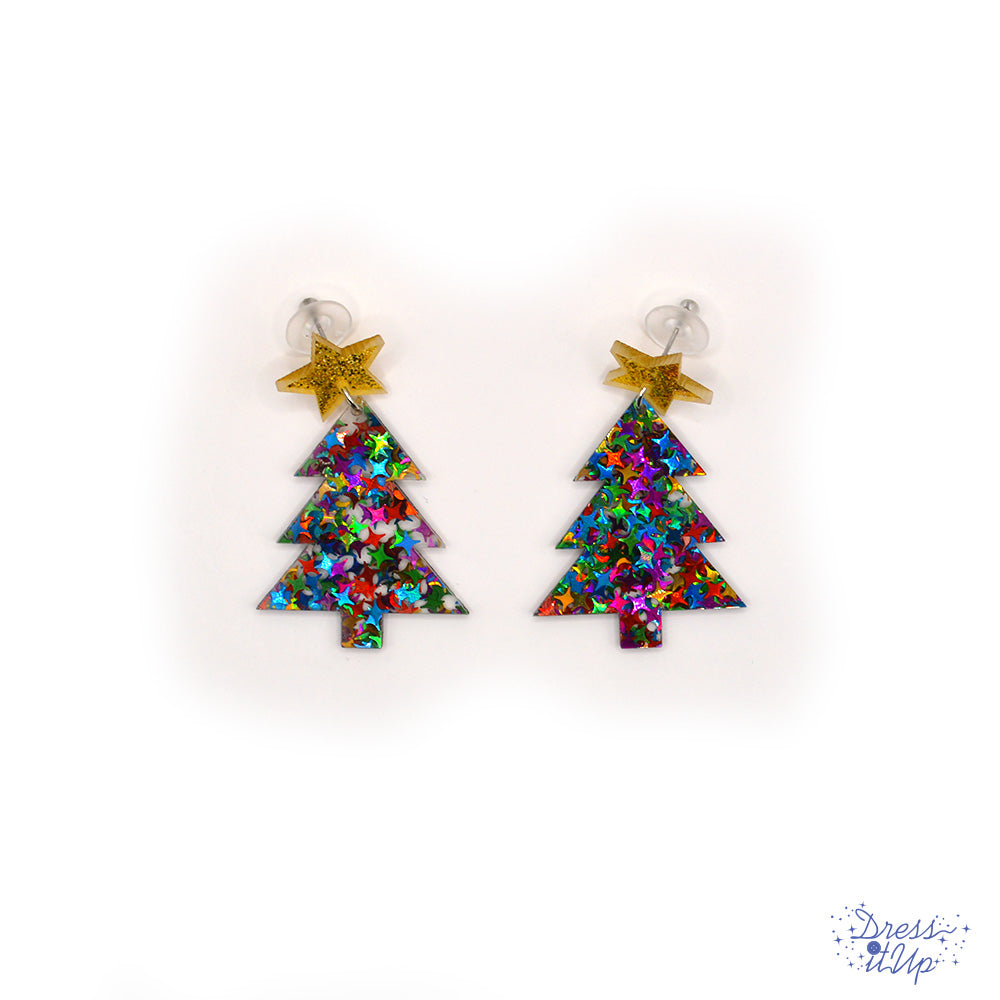 Made from lightweight resin, each earring showcases a glittering confetti Christmas tree topped with a sparkling star