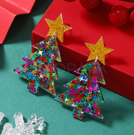 Made from lightweight resin, each earring showcases a glittering confetti Christmas tree topped with a sparkling star
