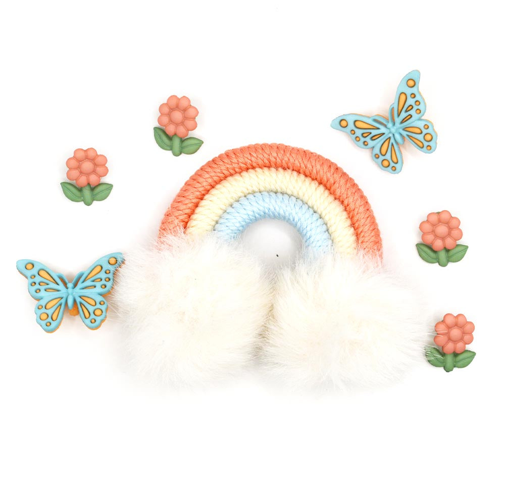 peach and blue rainbow, floral and butterfly craft embellishment pack.