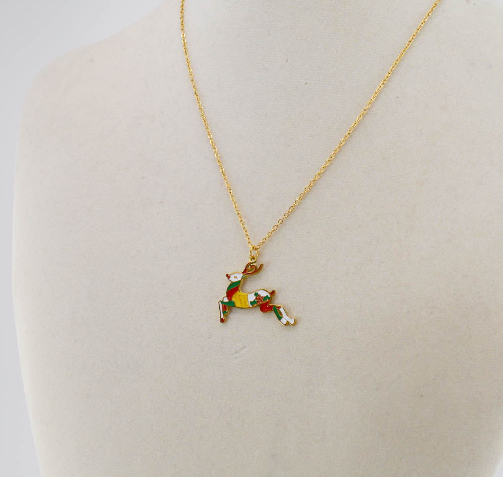 Colorful Enamel Christmas Deer Necklace
