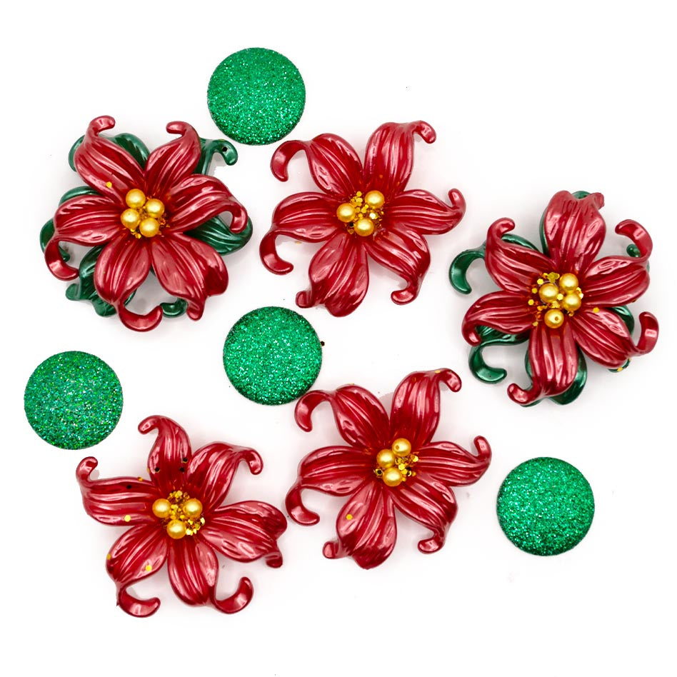 Red Glitter Poinsettia Flatback Flowers