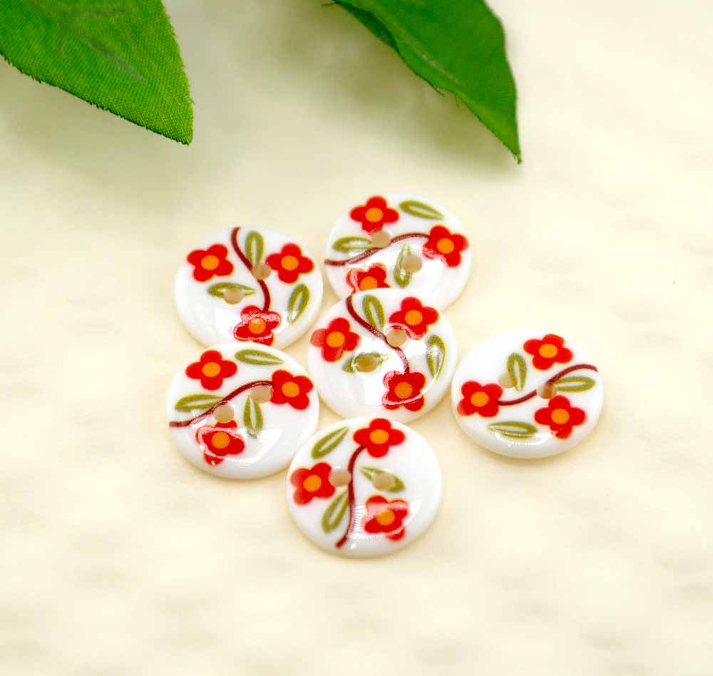 Red Flower Vine Printed 2-Hole Round Buttons