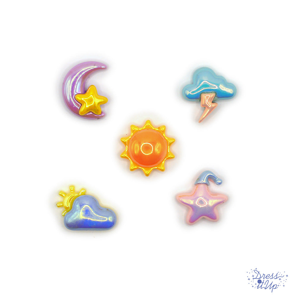 Shiny colorful sky themed embellishments including sun, clouds, moon and star