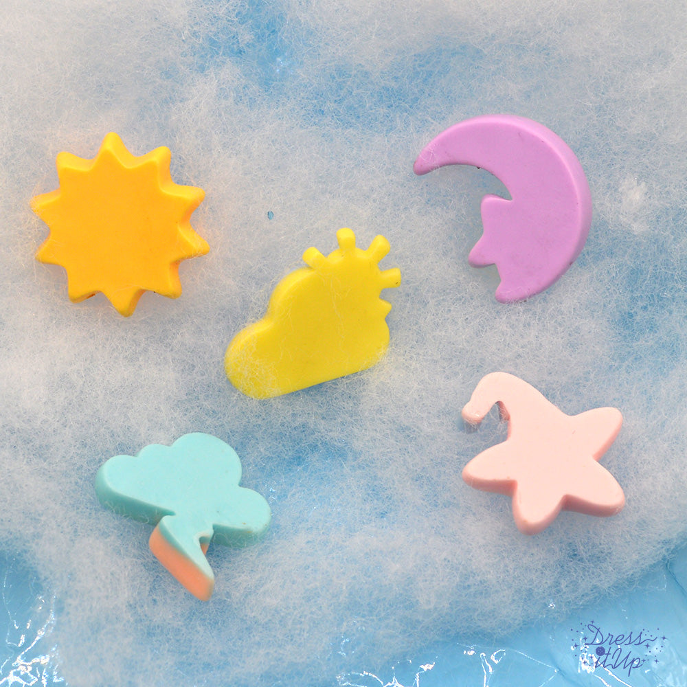 Shiny colorful sky themed embellishments including sun, clouds, moon and star