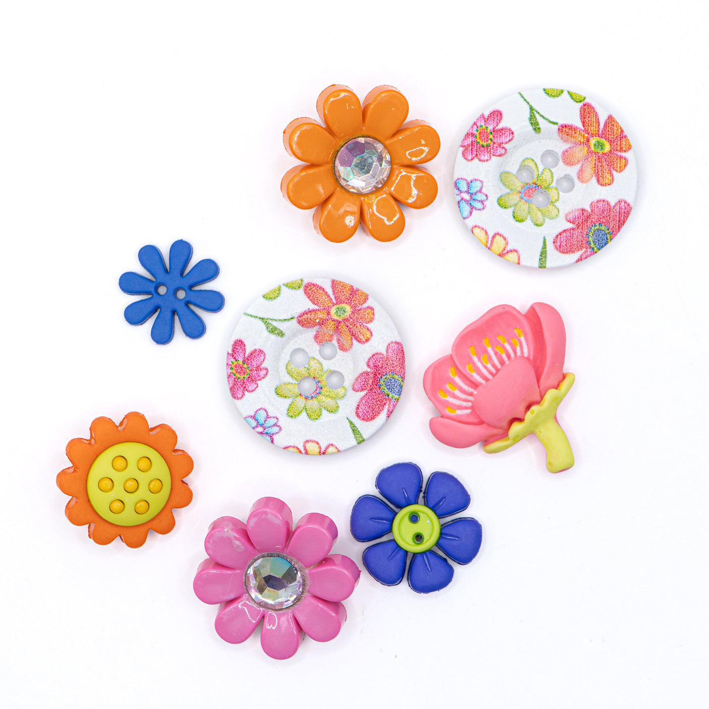 Celebrate spring with this floral craft embellishment pack, featuring sew-thru wood buttons adorned with a charming pink, purple, and orange flower pattern.