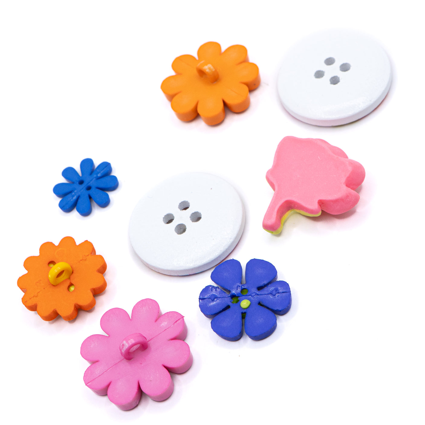 Celebrate spring with this floral craft embellishment pack, featuring sew-thru wood buttons adorned with a charming pink, purple, and orange flower pattern.