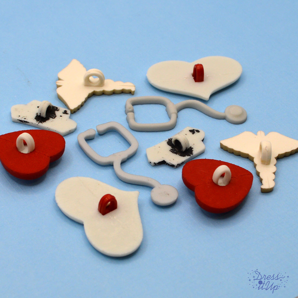 Feature an assortment of nurse inspired embellishments, shank-back and flat-back