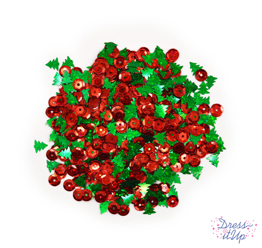 Shiny red sequins and glittering green trees add to holiday and winter themed crafting