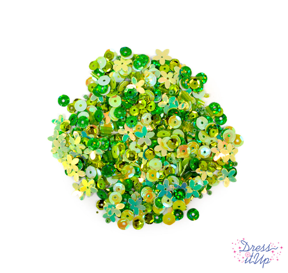 Mix includes round sequins, flower sequins, seed beads, bugle beads, and more in greens