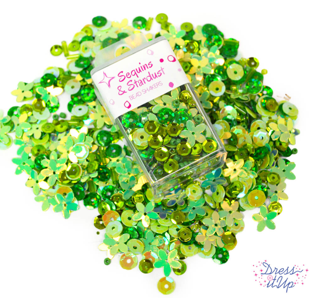 Mix includes round sequins, flower sequins, seed beads, bugle beads, and more in greens