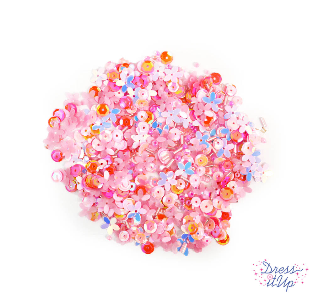 Each pink mix includes round sequins, flower sequins, seed beads, bugle beads, and more