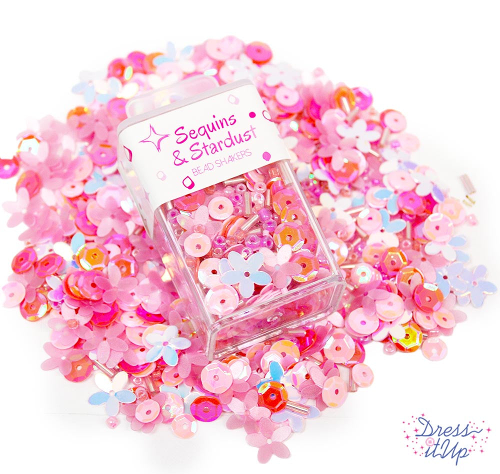 Each pink mix includes round sequins, flower sequins, seed beads, bugle beads, and more