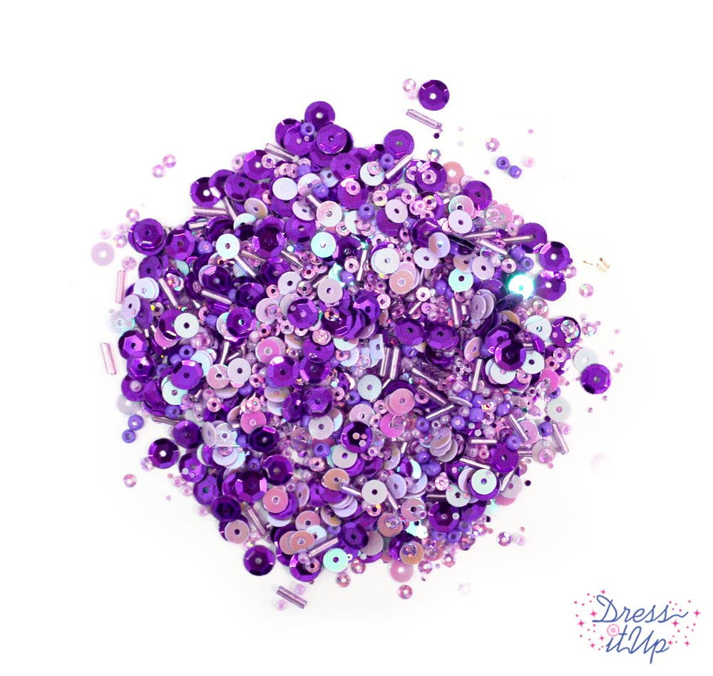 Each purple tone mix includes round sequins, seed beads, bugle beads, and more
