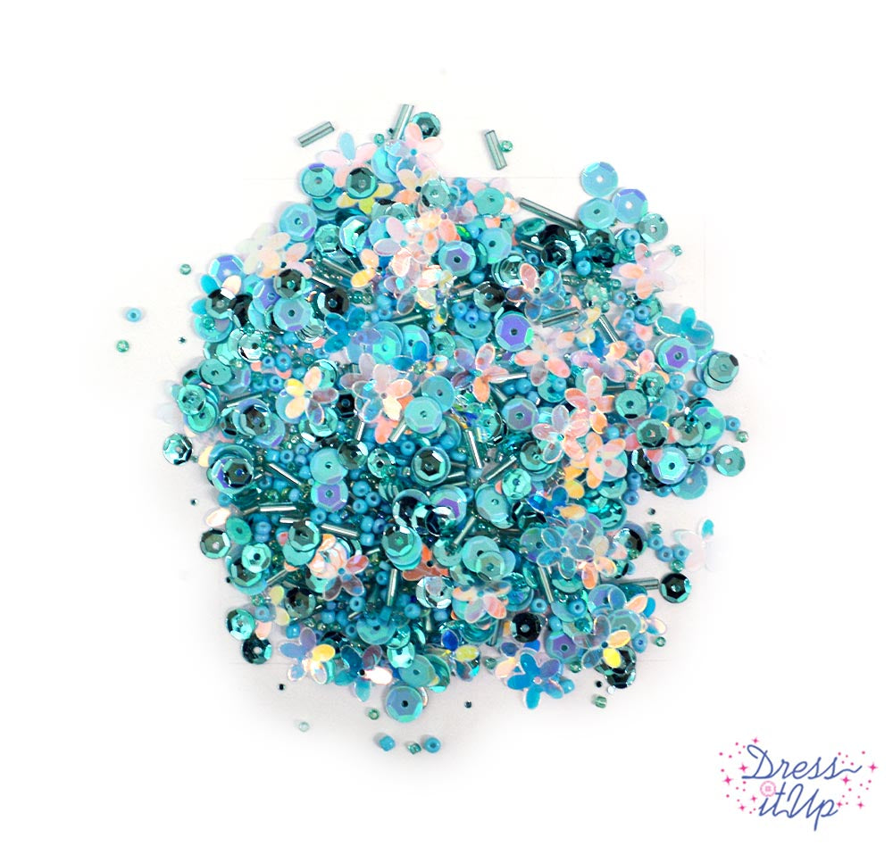 Each teal mix includes round sequins, flower sequins, seed beads, bugle beads, and more