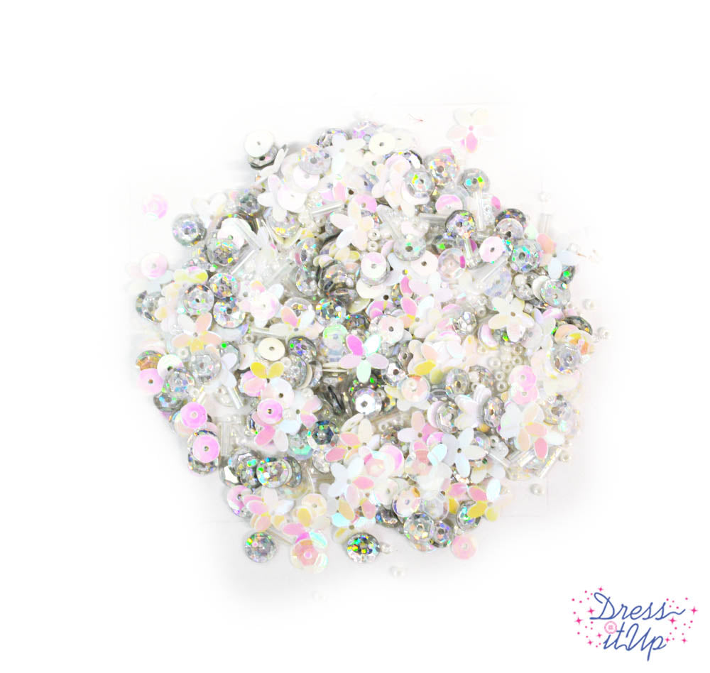 The beauty of fresh snow is captured in this mix of pure white seed beads and AB sequins