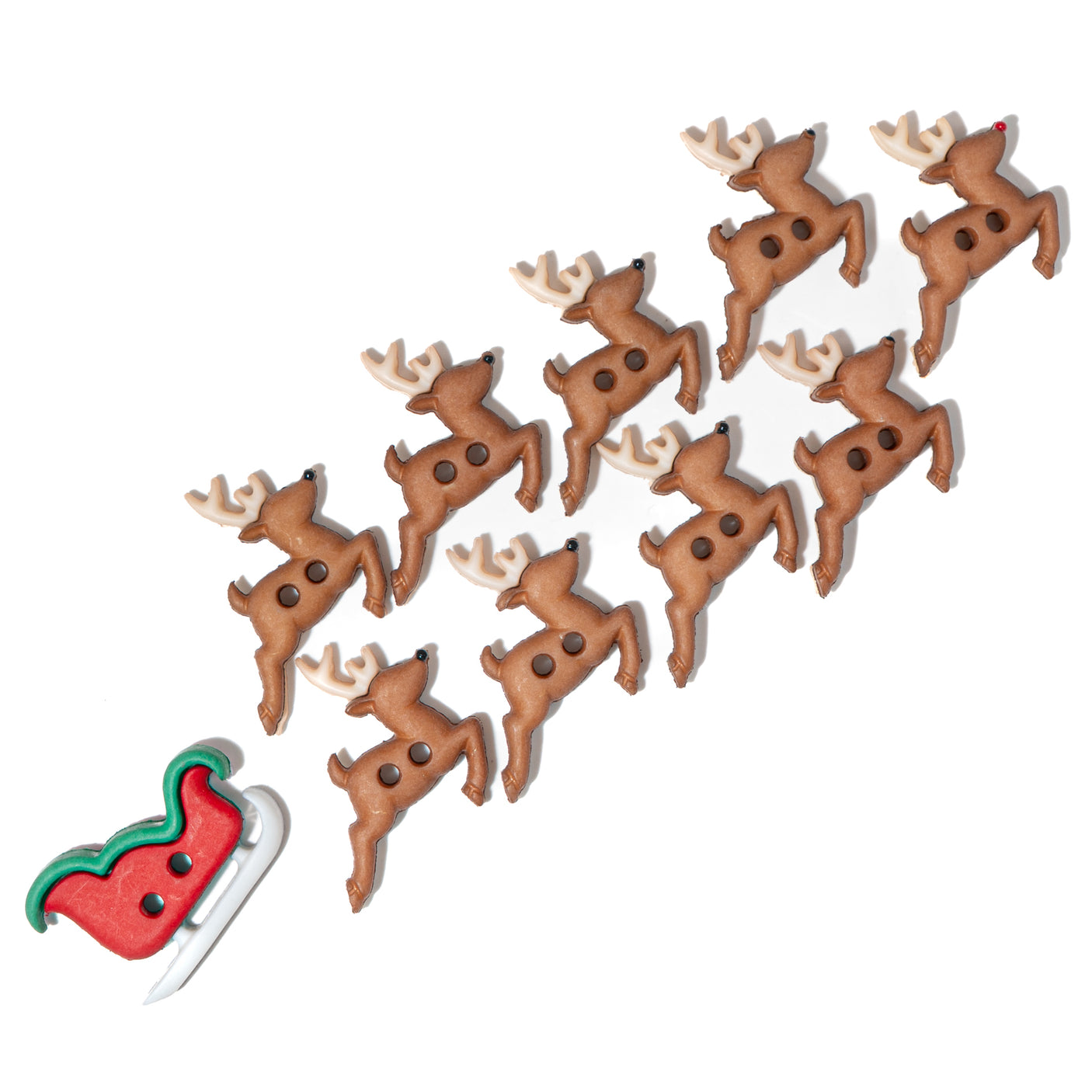 two-hole shaped sewing buttons in reindeer and sleigh shape on a white background