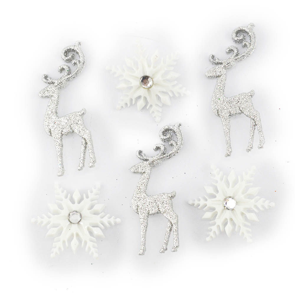 Ice and Snow Silver Glitter Reindeer Winter Themed Buttons
