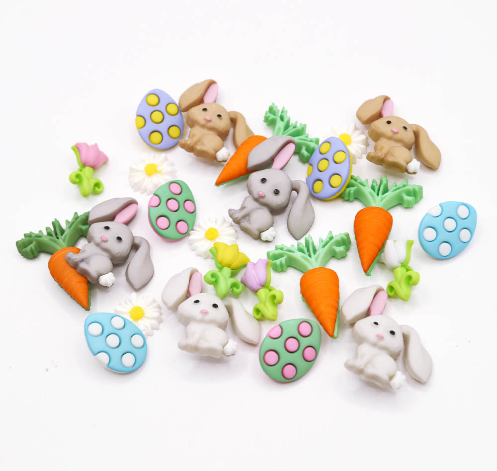 Easter-themed buttons for crafting. Eggs, rabbits, carrots and flowers.