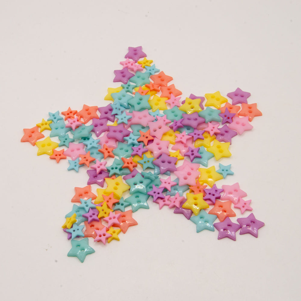 bright color mix of 2-hole star buttons for sewing and craft projects