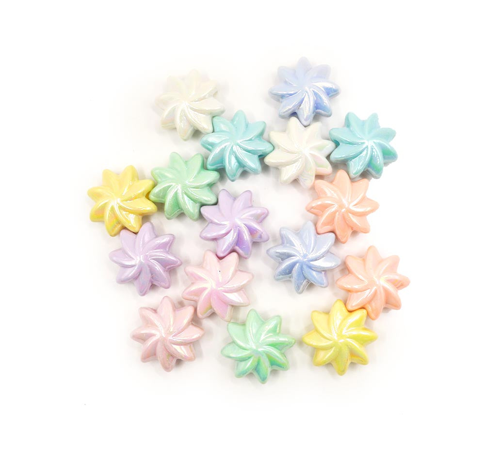 Large plastic flower beads in pastel girly colors with a AB finish.
