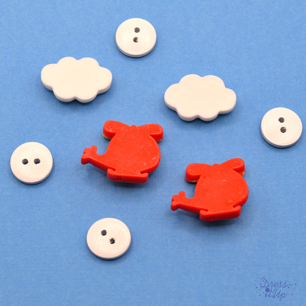 Two red helicopters, clouds and patterned button embellishments