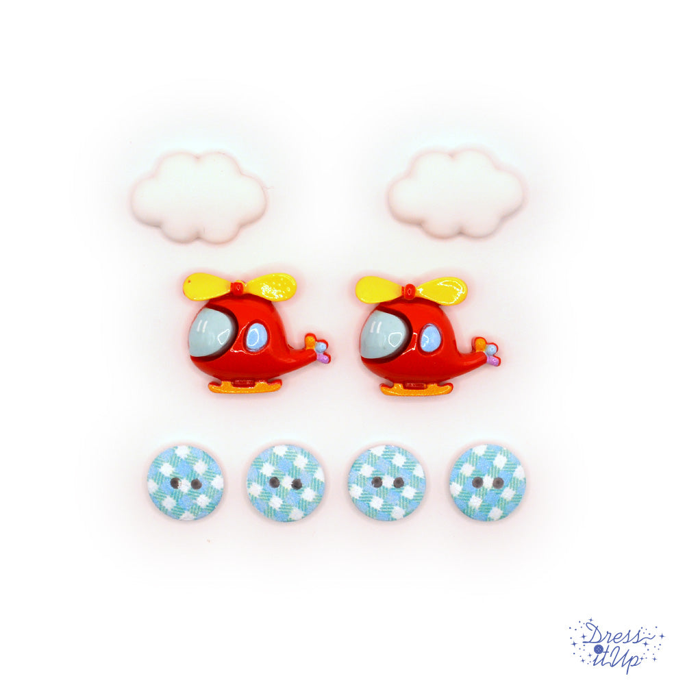 Two red helicopters, clouds and patterned buttons
