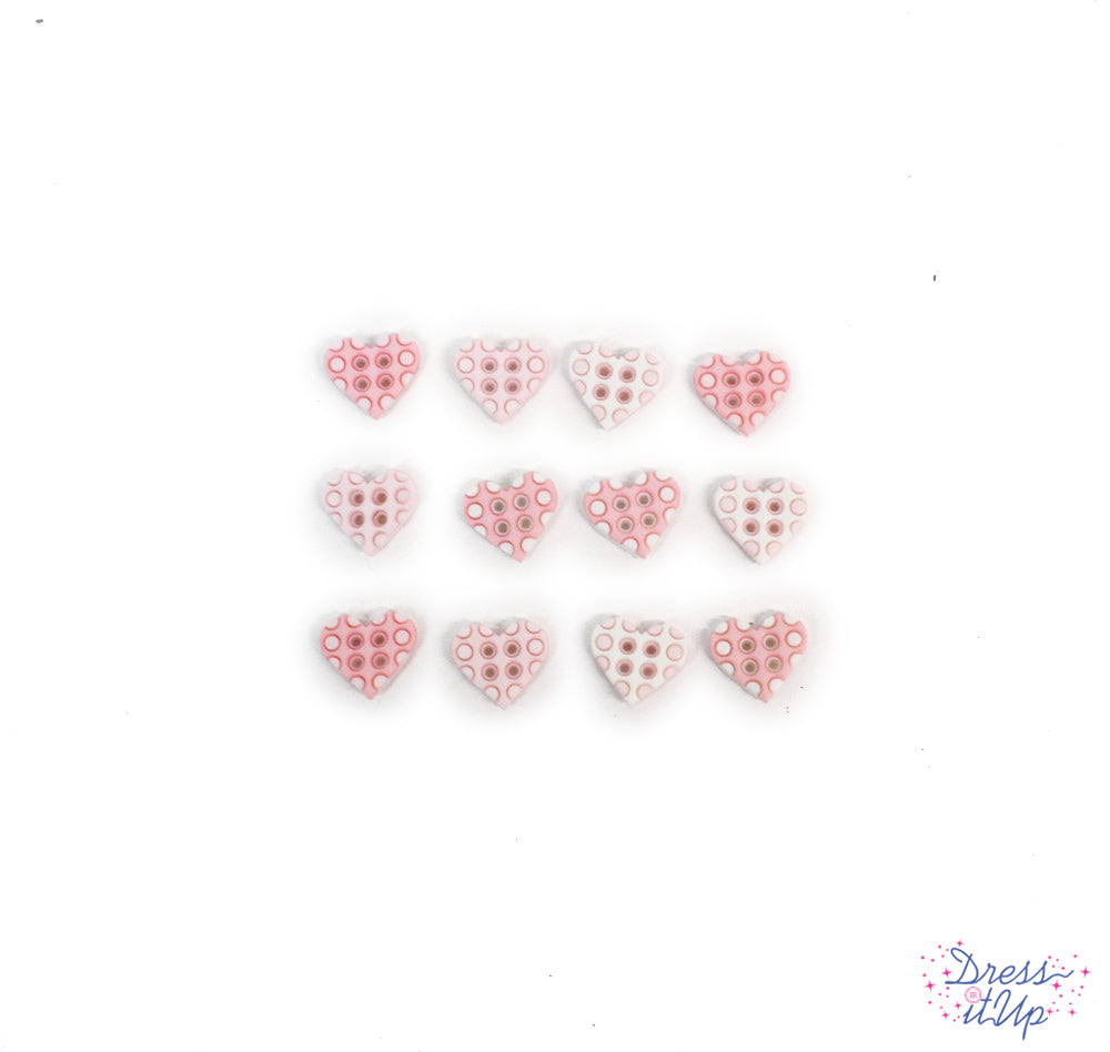 Tiny 4-hole heart shaped buttons in pink add to nursery and baby crafting