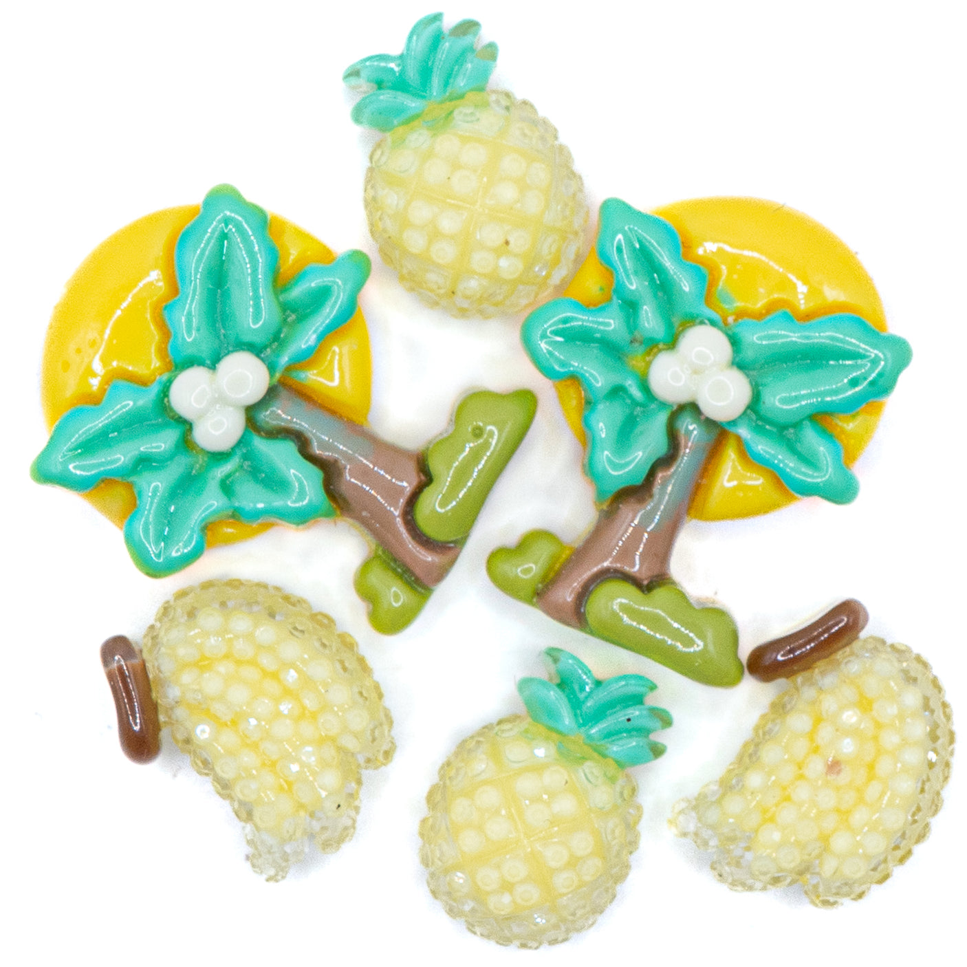 banana, pineapple, and palm tree resin flat-back embellishments for crafting.