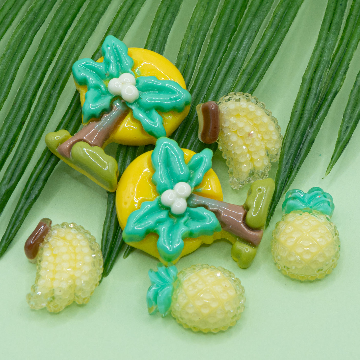 banana, pineapple, and palm tree resin flat-back embellishments for crafting.