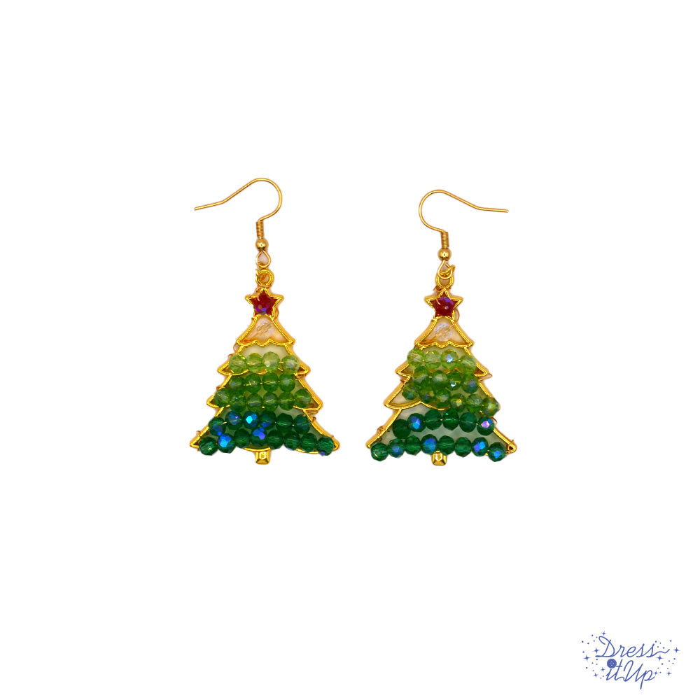 Glass Beaded Christmas Tree Dangle Earrings in rainbow colors