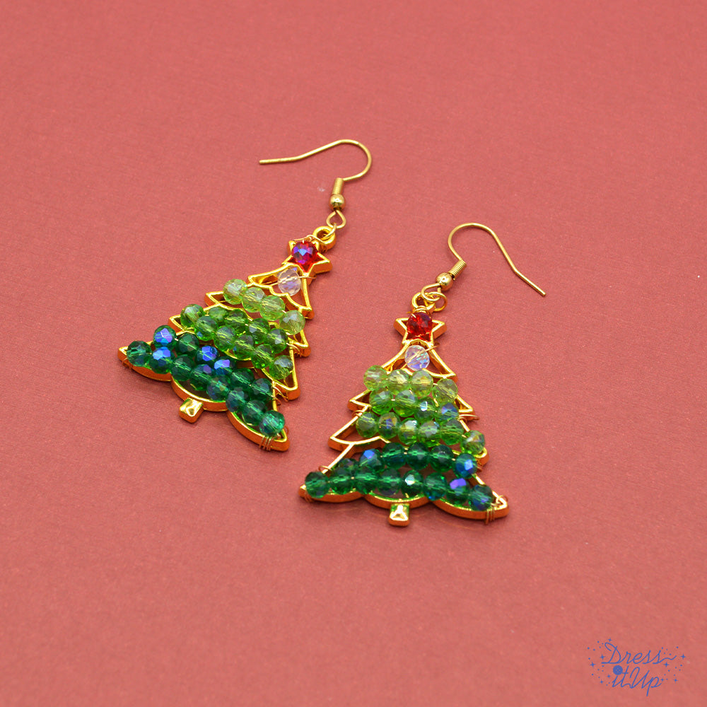 Glass Beaded Christmas Tree Dangle Earrings in rainbow colors