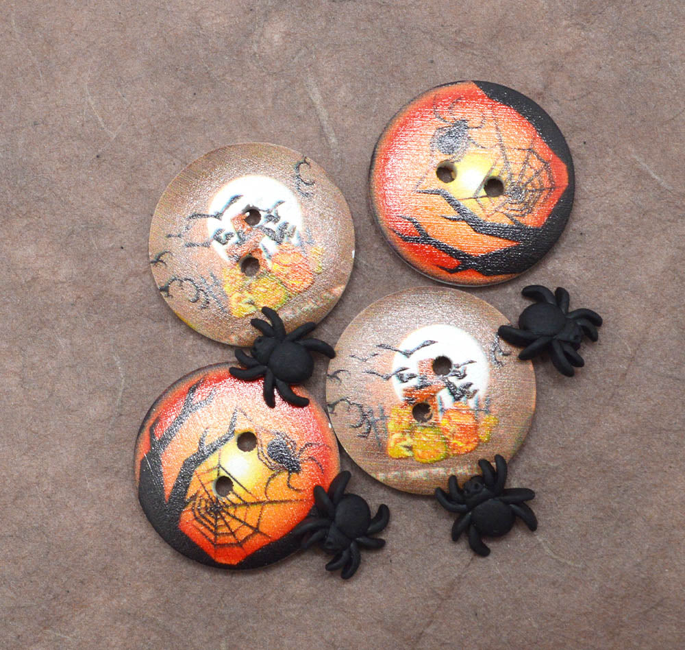 Halloween Wood Sew-Thru Buttons and Tiny Spider Embellishments