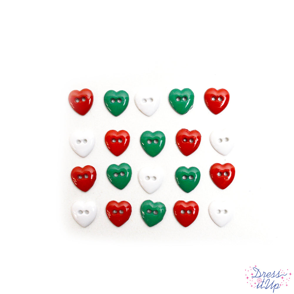 Heart shaped buttons in Christmas colors add shine to your projects